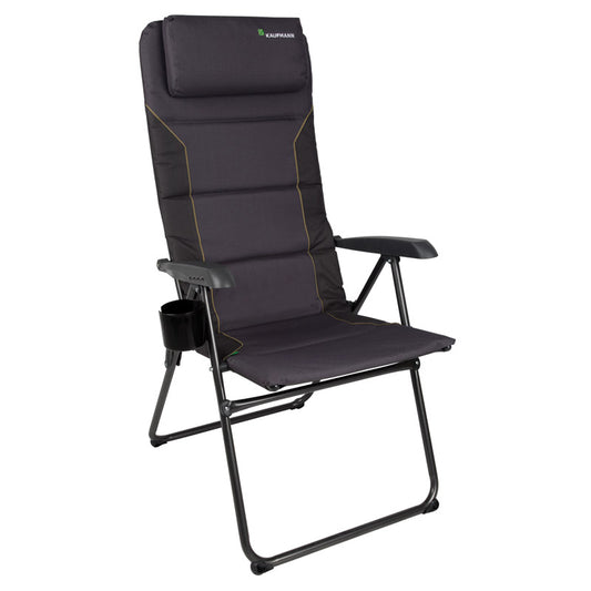 Grey high back camping chair with cup holder on a white background
