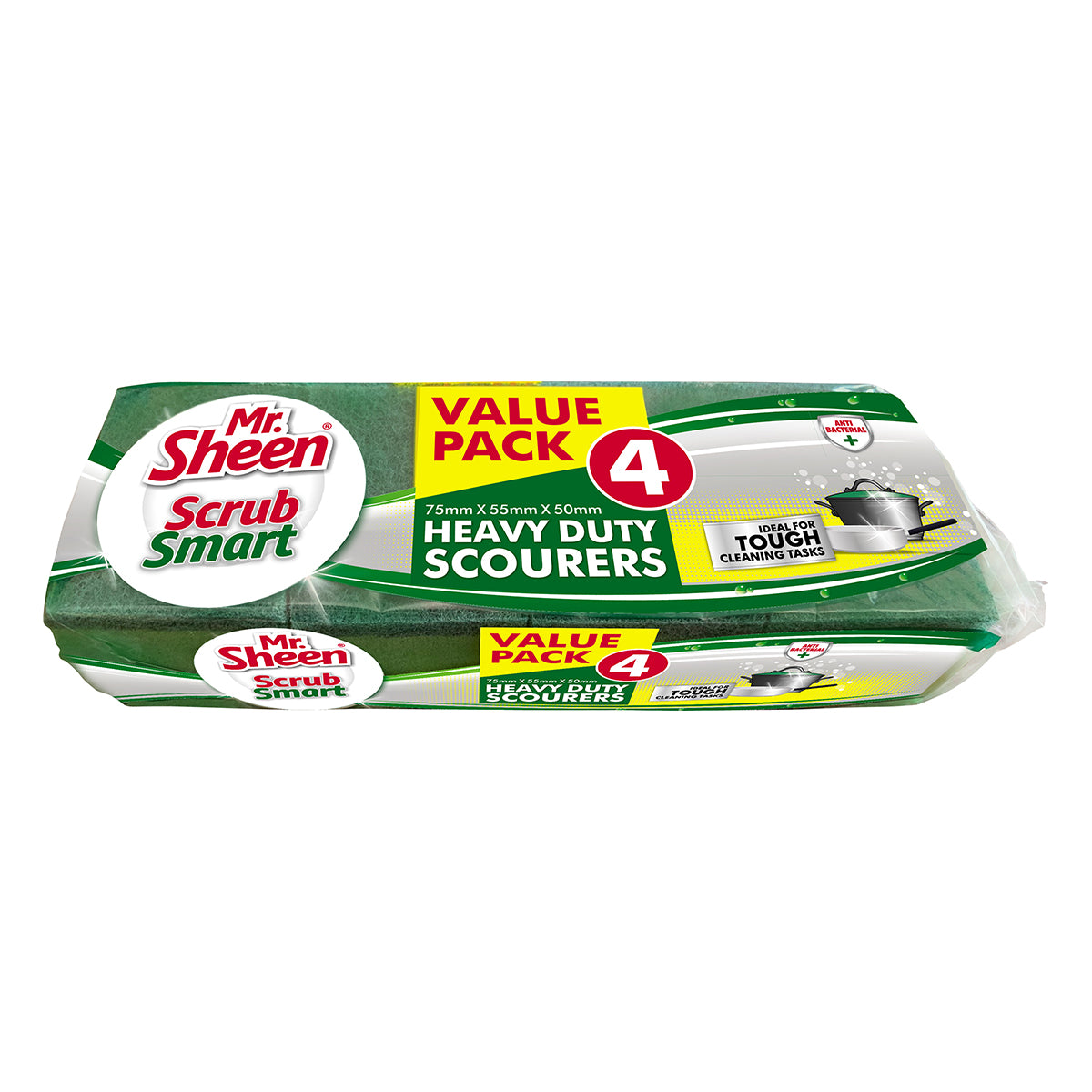 A pack of four Mr Sheen Scrub Smart Heavy Duty Scourers with branding and product information on the packaging.