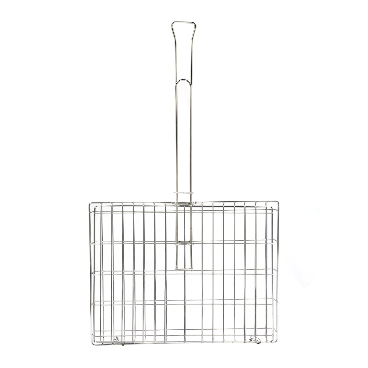 Stainless Steel braai grid with handle on a white background