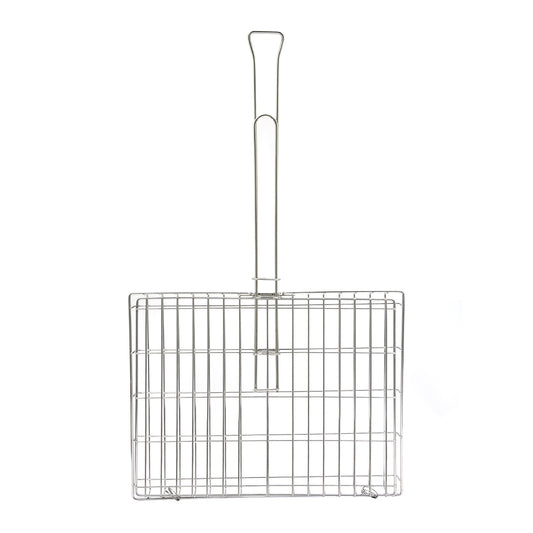 Stainless Steel braai grid with handle on a white background
