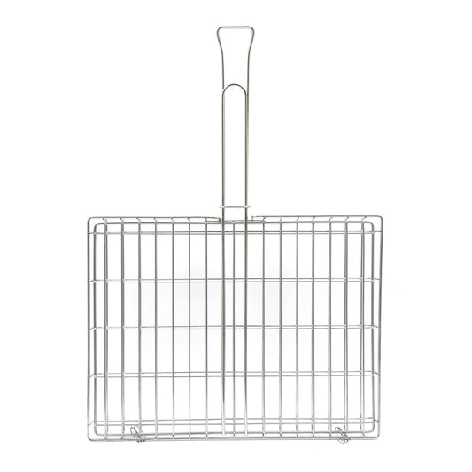 Stainless steel braai grid with handle on a white background