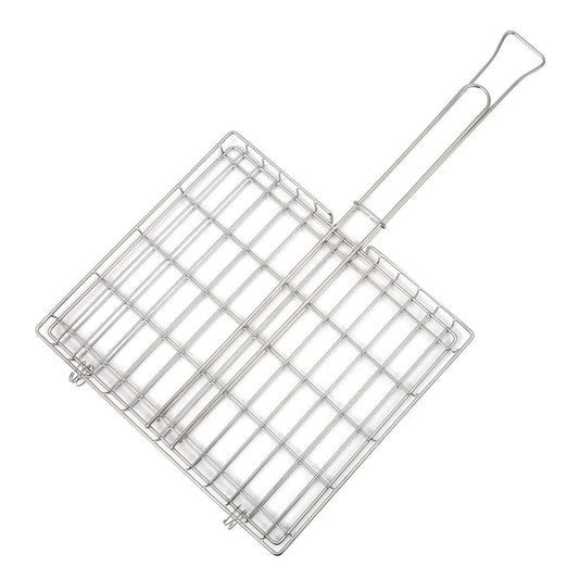 Stainless steel braai grid with handle on a white background