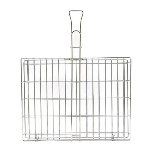 Stainless Steel braai grid with handle on a white background