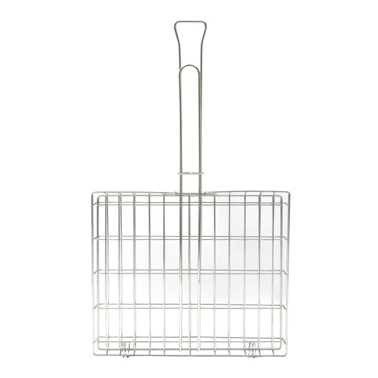 Stainless steel braai grid with handle on a white background