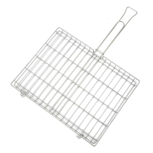 Stainless steel braai grid with handle on a white background