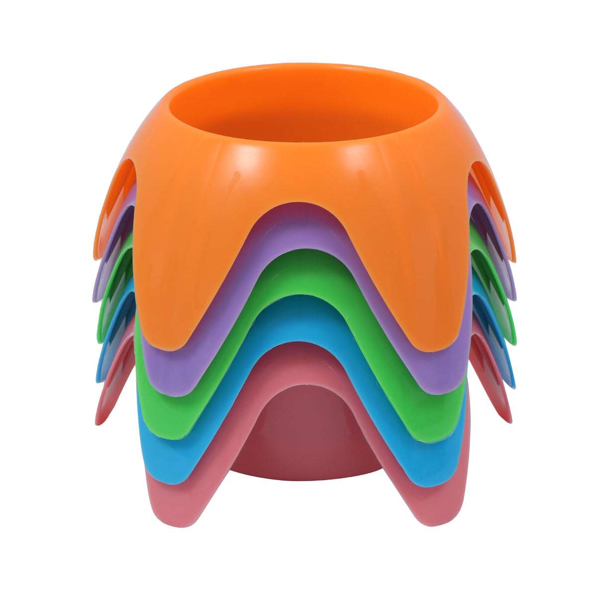 Colorful stack of plastic cup holders on a white background