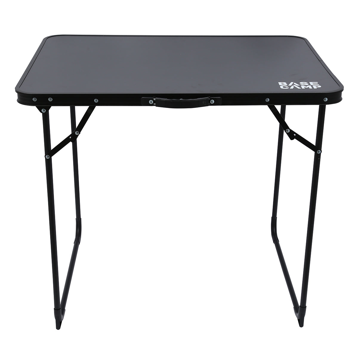 Black folding table with a brand logo on a white background