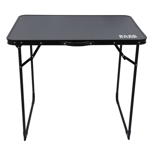 Black folding table with a brand logo on a white background