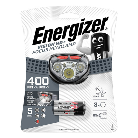 Packaging for the Energizer Vision HD+ Focus Headlamp featuring the headlamp itself on the front with a 400 lumen brightness label, and additional features like being water-resistant.