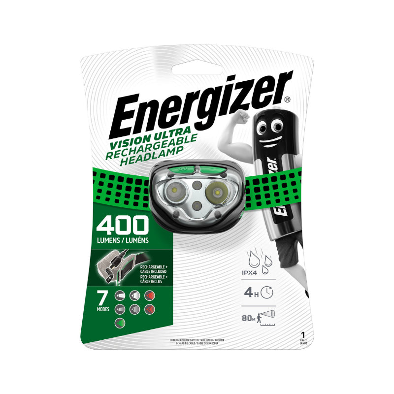 Packaging for the Energizer Vision Ultra Rechargeable Headlamp, displaying the headlamp and its features such as 400 lumens brightness, water-resistant design, and comfortable adjustable headband.
