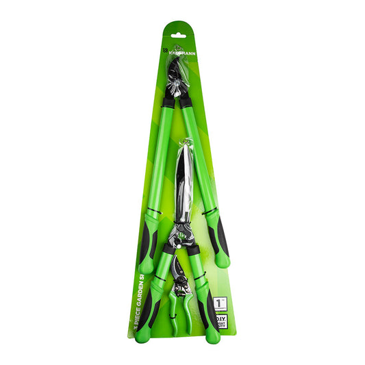 A 3-piece garden tool set by Kaufmann, including a pruner, lopper, and hedge shear, with green handles and silver-colored blades, packaged in a hanging blister pack.