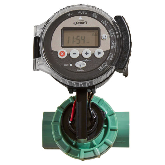 An Orbit battery-operated sprinkler controller with in-line valve, featuring a digital screen and dial interface, mounted on a green valve.