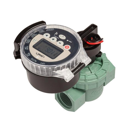An Orbit battery-operated sprinkler controller with in-line valve, featuring a digital screen and dial interface, mounted on a green valve.