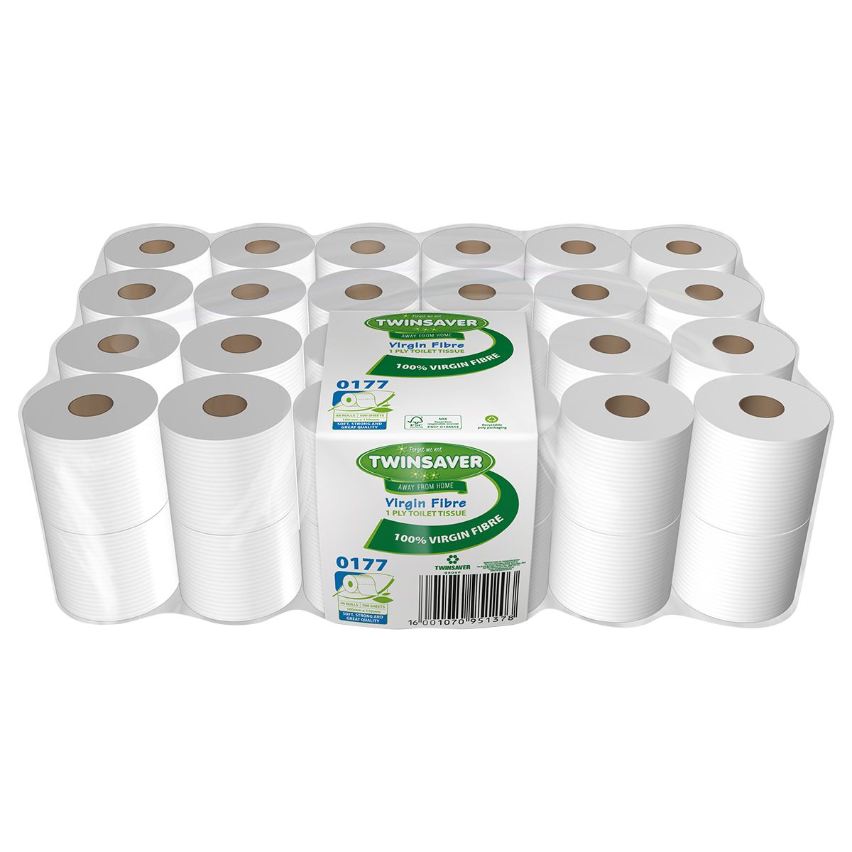 Pack of 48 white rolls of Twinsaver Virgin Fibre Toilet Paper arranged in an array pattern with the product branding visible.