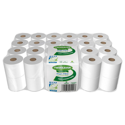 Pack of 48 white rolls of Twinsaver Virgin Fibre Toilet Paper arranged in an array pattern with the product branding visible.