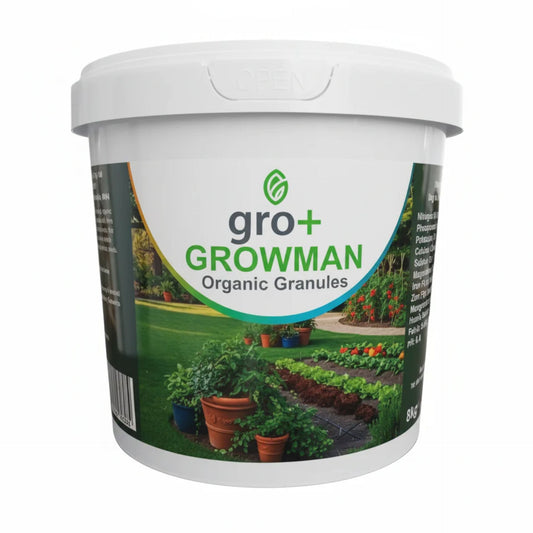 Container of gro+ Growman Organic Granules with garden imagery on a white background