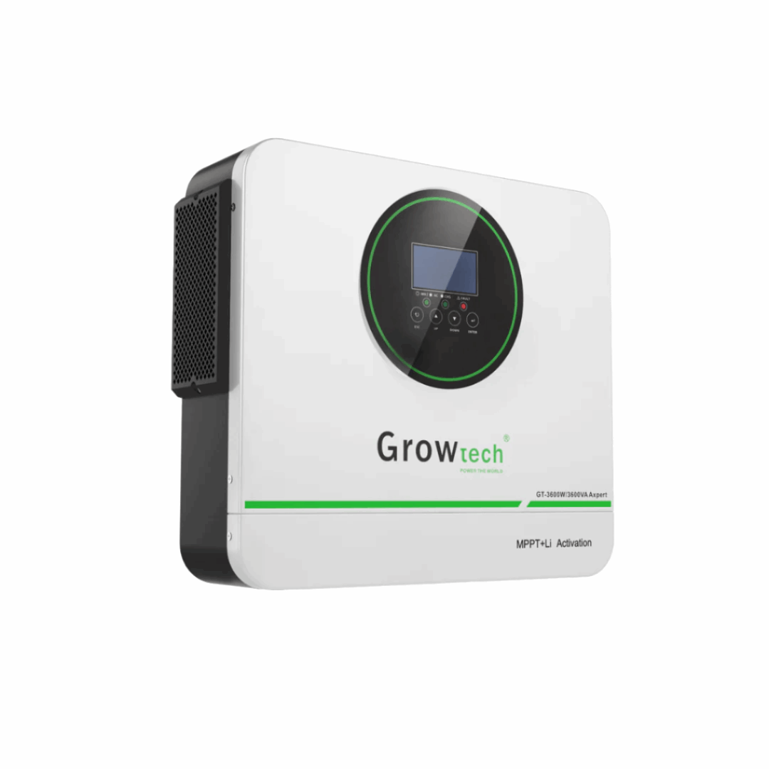 Growtech Axpert GT 3.6kW Inverter 24V with LCD display and 100A MPPT solar charging support.