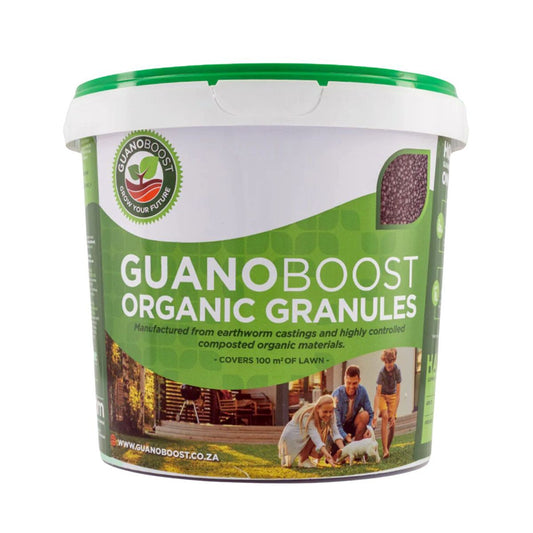 A container of Guanoboost organic granules with a green lid, against a white background.