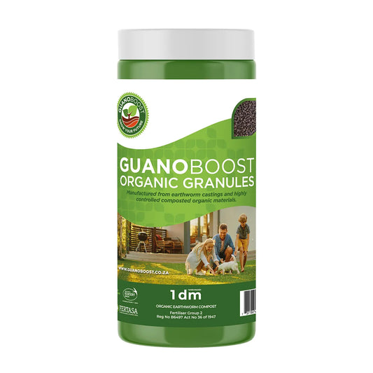 Green container of Guano Boost Organic Granules with a white lid on a white background