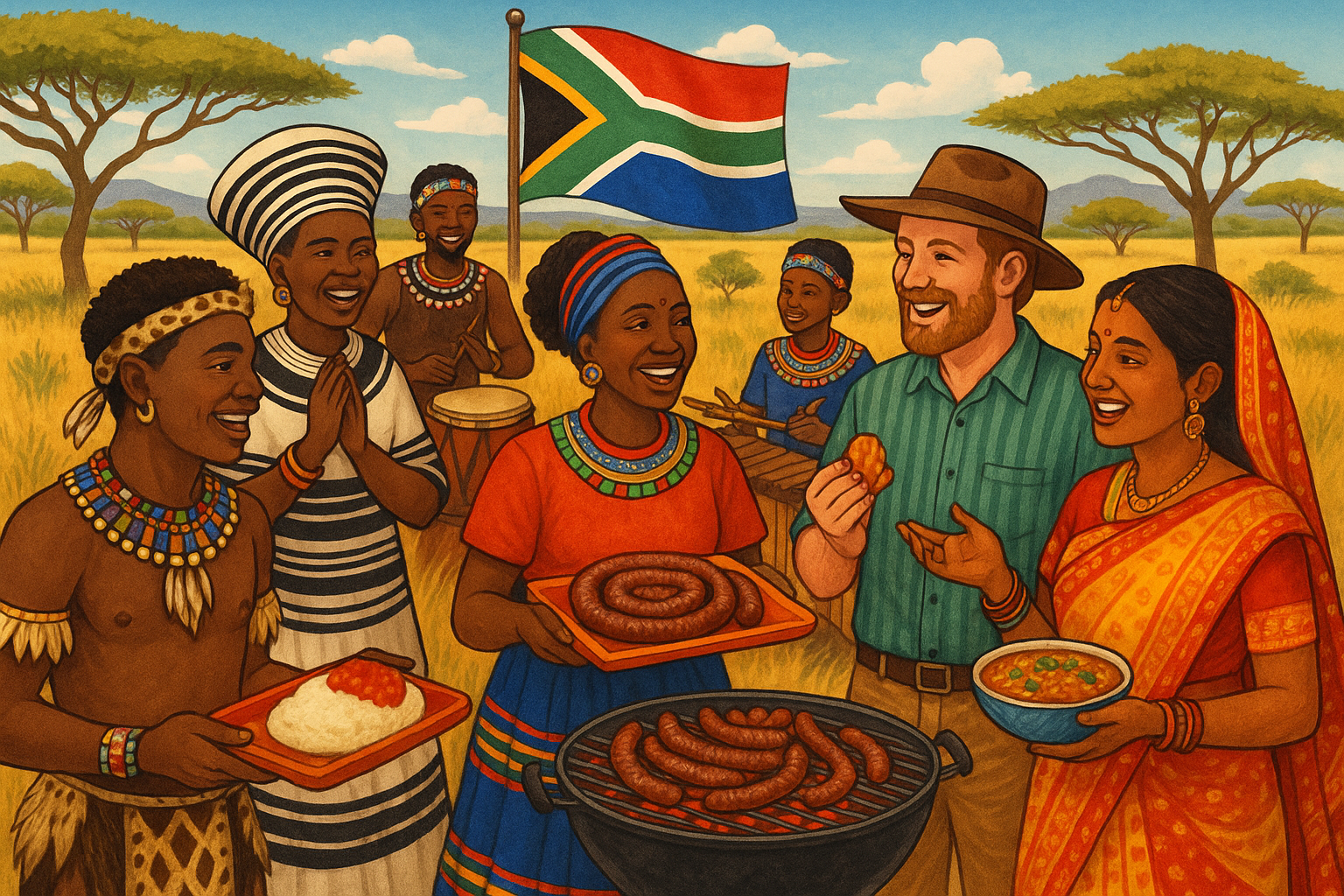 Illustration of a group of people in a South African setting with traditional food and a flag.