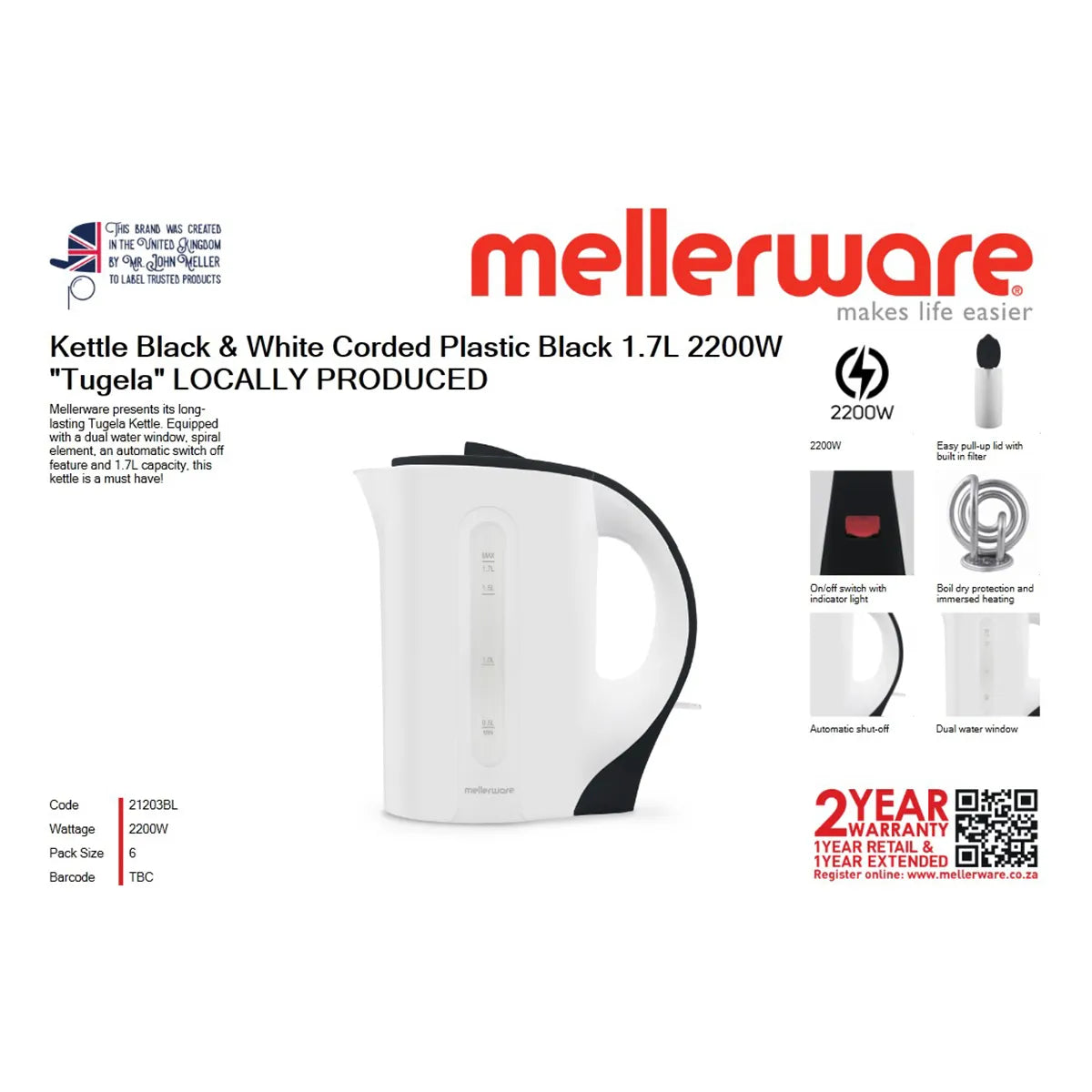 MELLERWARE KETTLE PLASTIC 1.7L 2200W WHITE BLACK