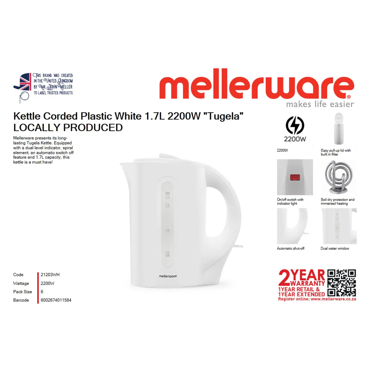 MELLERWARE KETTLE PLASTIC 1.7L 2200W WHITE