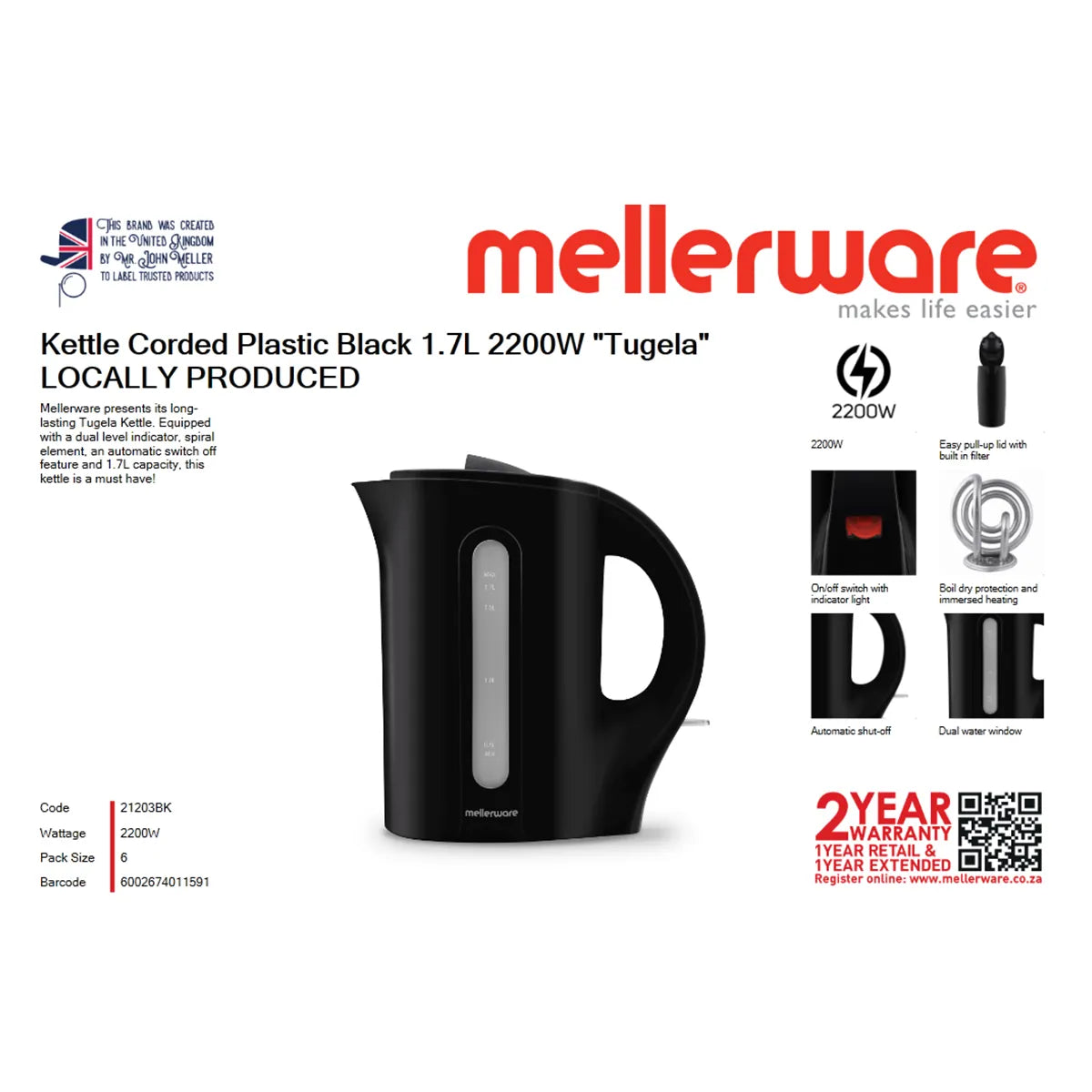 MELLERWARE KETTLE PLASTIC 1.7L 2200W BLACK