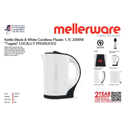 MELLERWARE KETTLE PLASTIC 1.7L 2200W WH BL CORDLESS