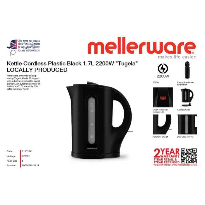 MELLERWARE CORDLESS KETTLE 1.7L 2200W