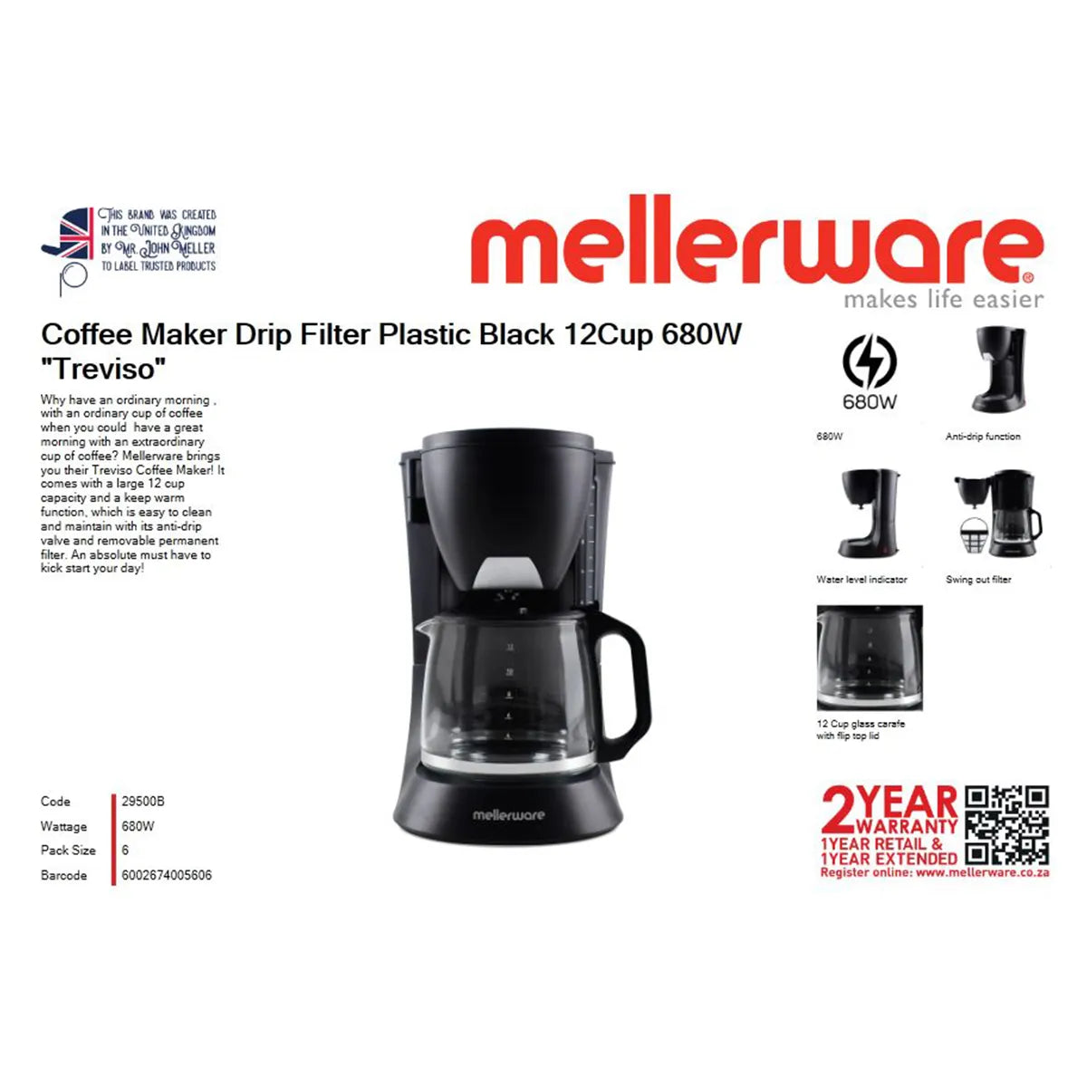 Mellerware coffee maker with product details on a white background