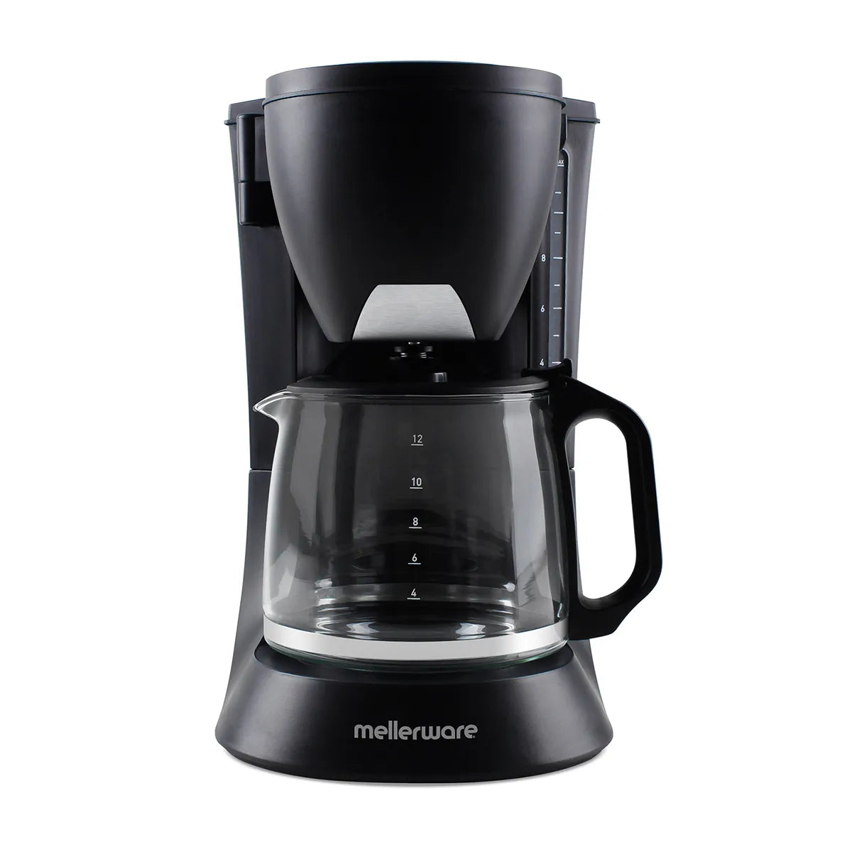 Black coffee maker with glass carafe on a white background, featuring the brand 'mellerware'.