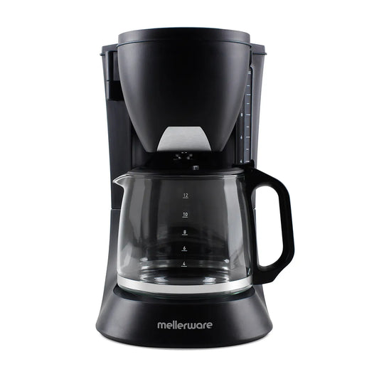 Black coffee maker with glass carafe on a white background, featuring the brand 'mellerware'.