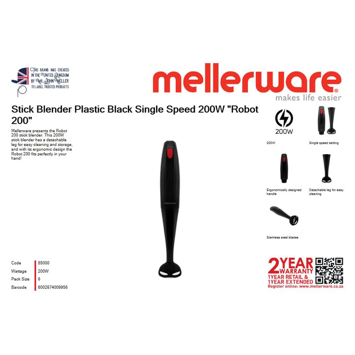 MELLERWARE BLENDER STICK PLASTIC 200W