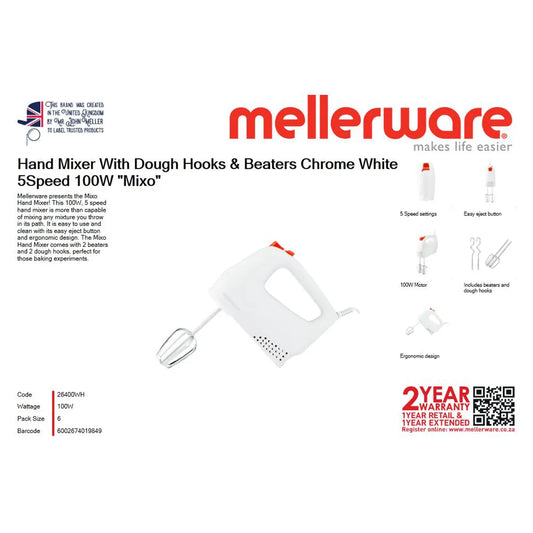 Mellerware hand mixer packaging with product details on a white background