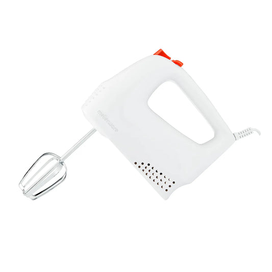 White hand mixer with a red button on a white background