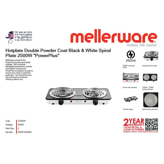 Mellerware double hotplate with product details on a white background