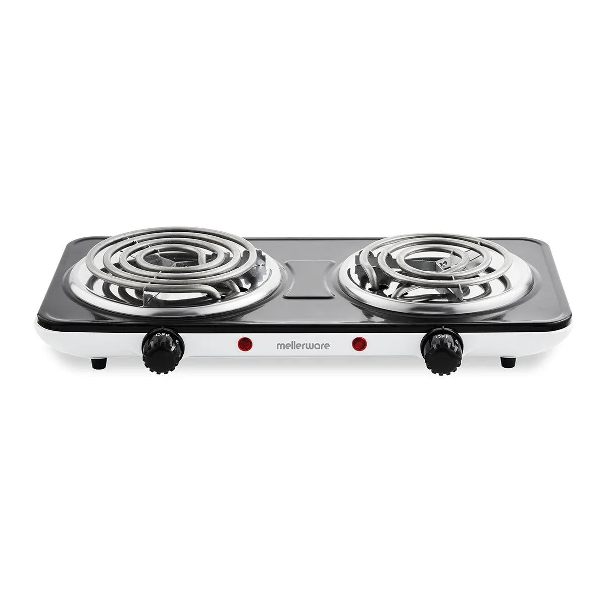 Double electric burner cooktop with Mellerware branding on a white background