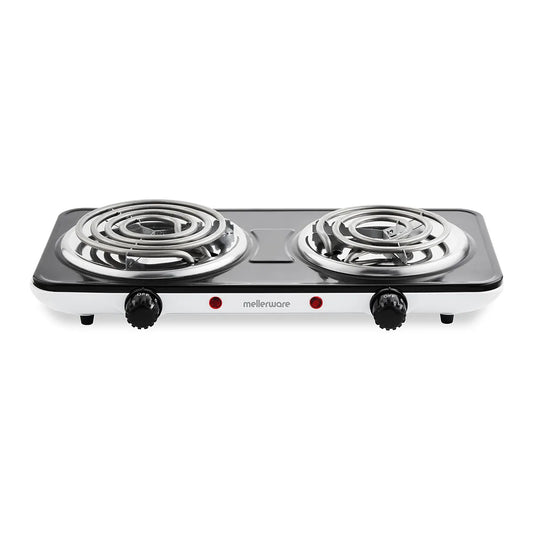 Double electric burner cooktop with Mellerware branding on a white background