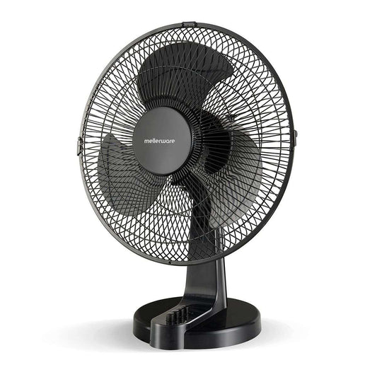 A black Mellerware desktop fan with a 30cm diameter radial grille and a 35W motor, featuring a sturdy base and tilt adjustment.
