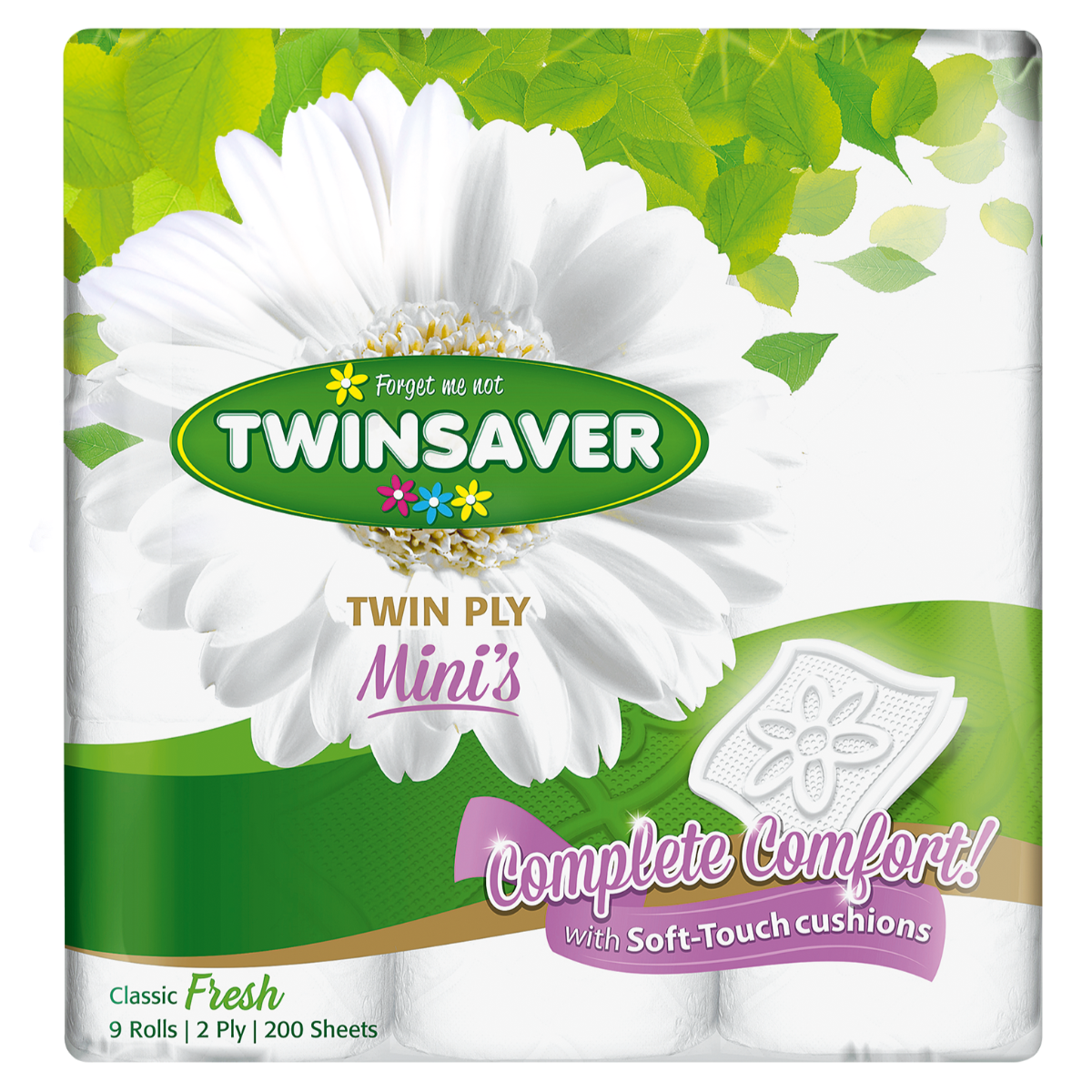 Twinsaver toilet paper package with a white flower on a green background