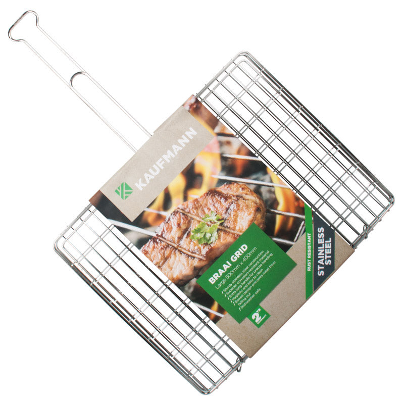 A stainless steel braai grid with a fixed handle, featuring a box design with a brand label on top. The grid is designed for outdoor grilling and cooking.