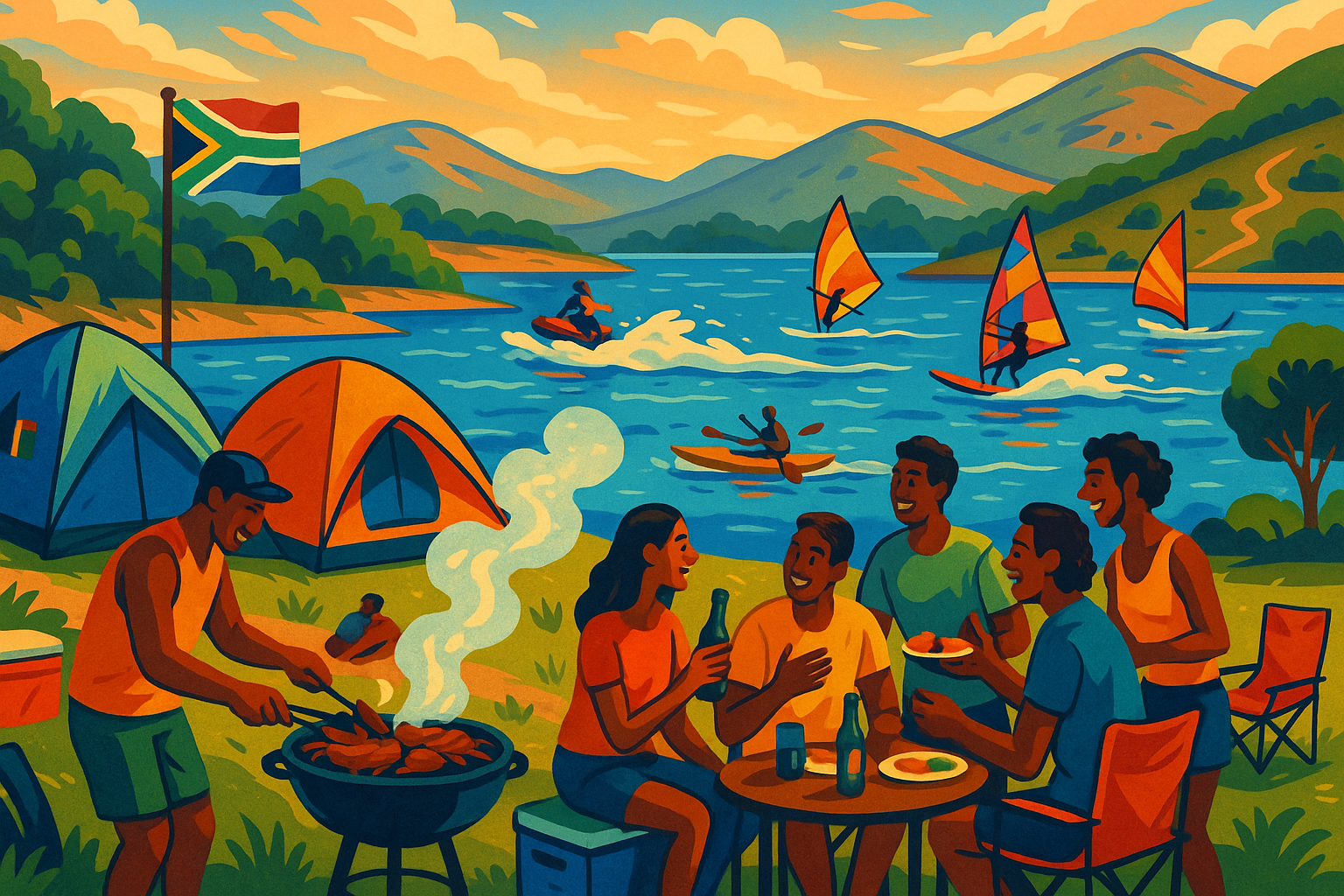 Colorful illustration of a group of people camping by a lake with tents, grilling, and enjoying drinks.