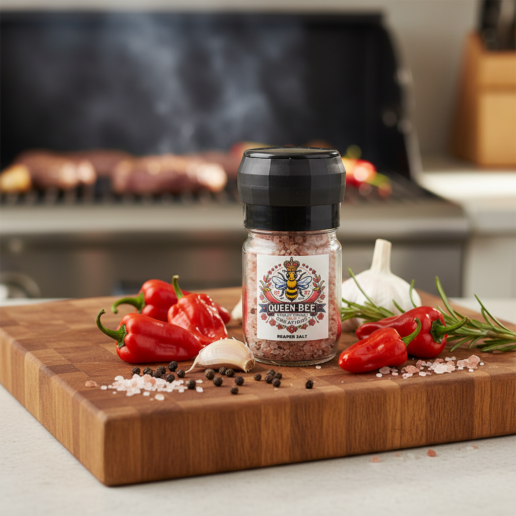Jar of Queen Bee Chilli Creations Reaper Salt 250ml on a cutting board with peppers and garlic, grill in the background