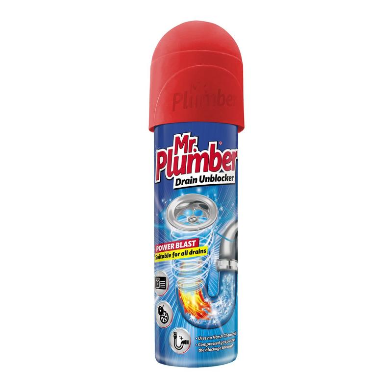 Mr Plumber Drain Unblocker in a red aerosol spray can with a visual of a plunger and pipes on the label.
