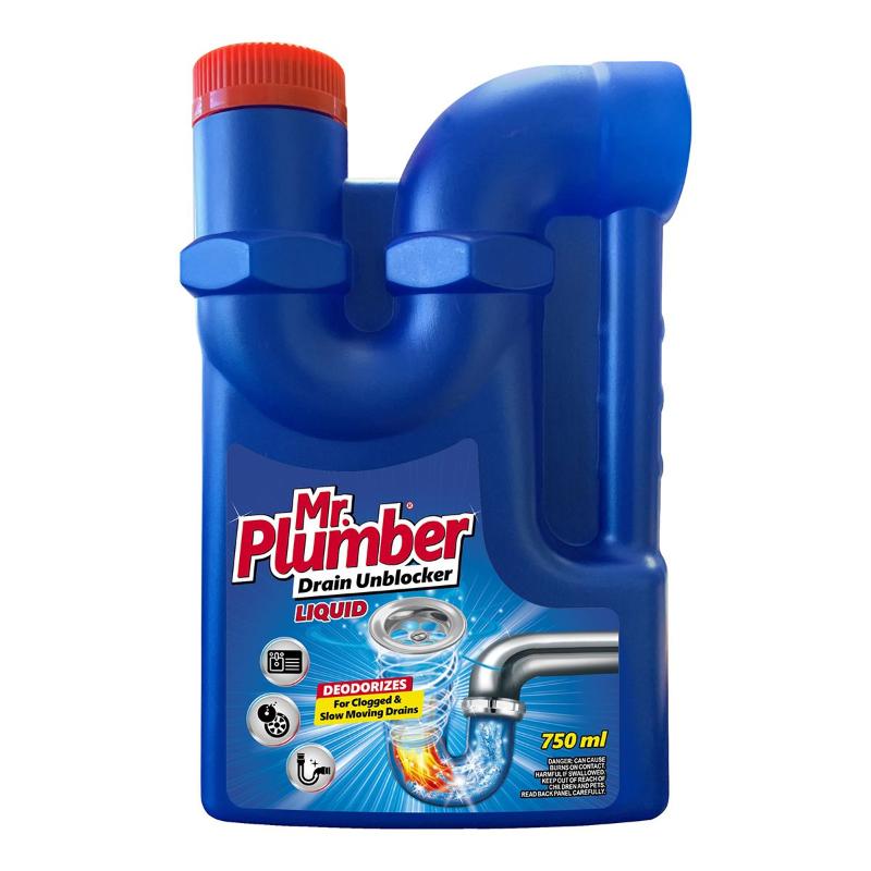 A bottle of Mr Plumber Drain Unblocker Liquid, with a blue cap and label, indicating that it is a 750ml product designed to unclog drains.