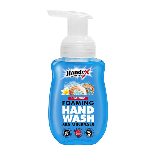 A pump bottle of Handex Hygienic Foaming Hand Wash with sea minerals, in blue color with a label showing the product name and a graphic of sea foam.