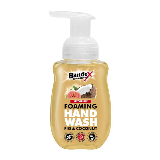 A pump bottle of Handex Hygienic Foaming Hand Wash with Fig & Coconut fragrance, 250ml.