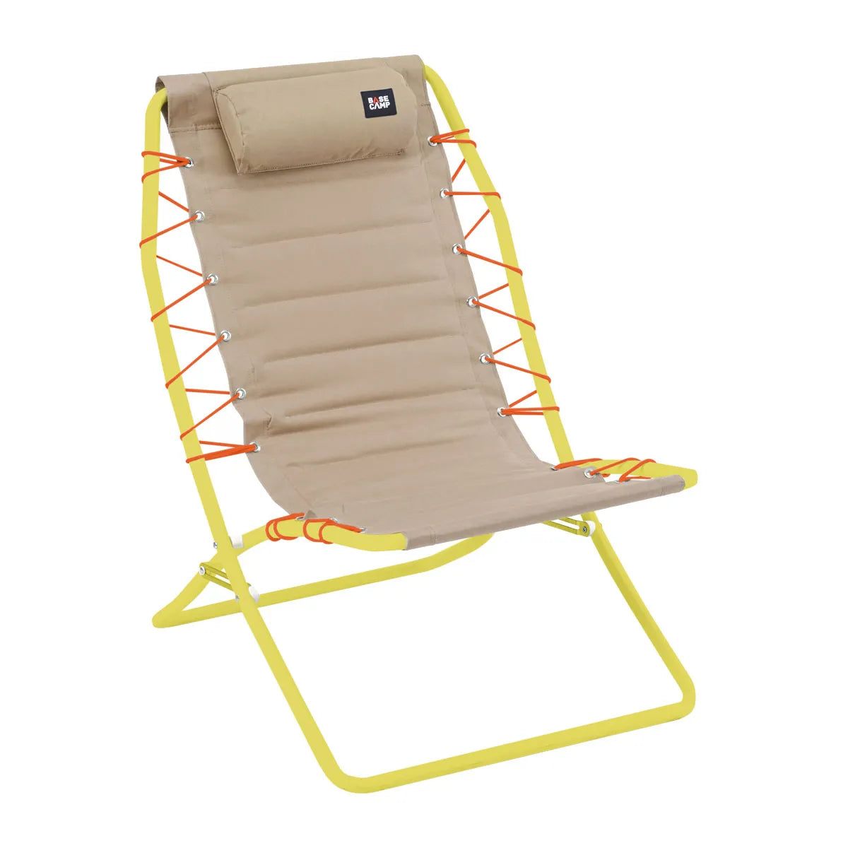 A portable, foldable beige beach lounger with yellow and orange accents, featuring a bungee suspension system and steel frame.