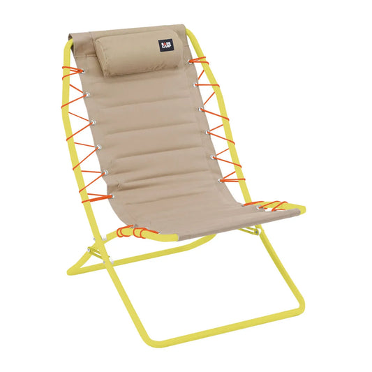 A portable, foldable beige beach lounger with yellow and orange accents, featuring a bungee suspension system and steel frame.