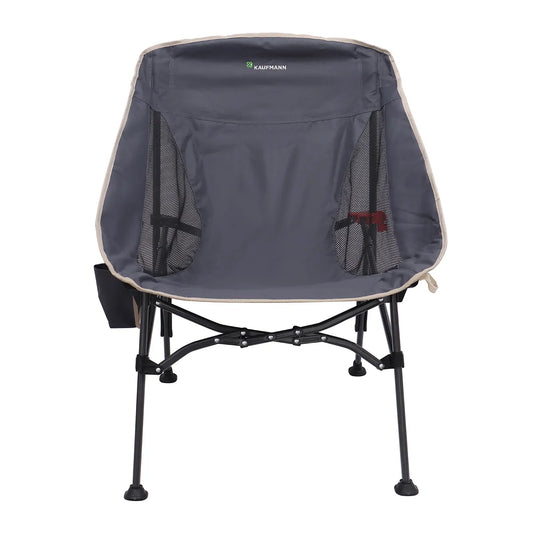 Gray camping chair with black legs on a white background